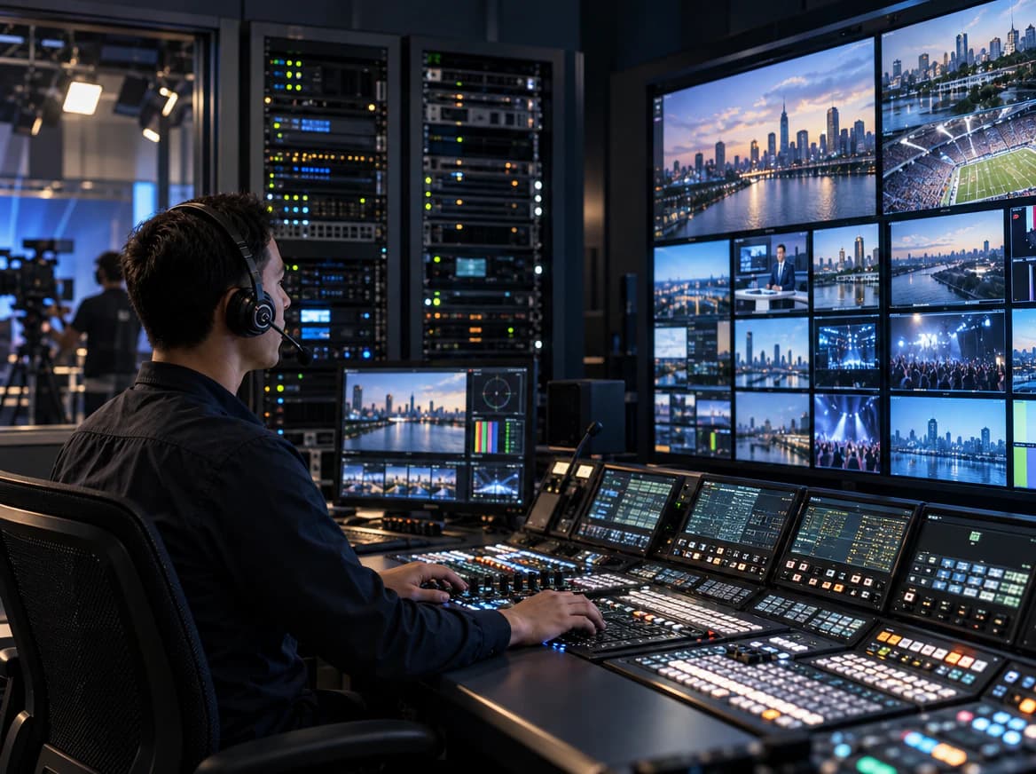 Broadcast control room with equipment racks and multiview screens