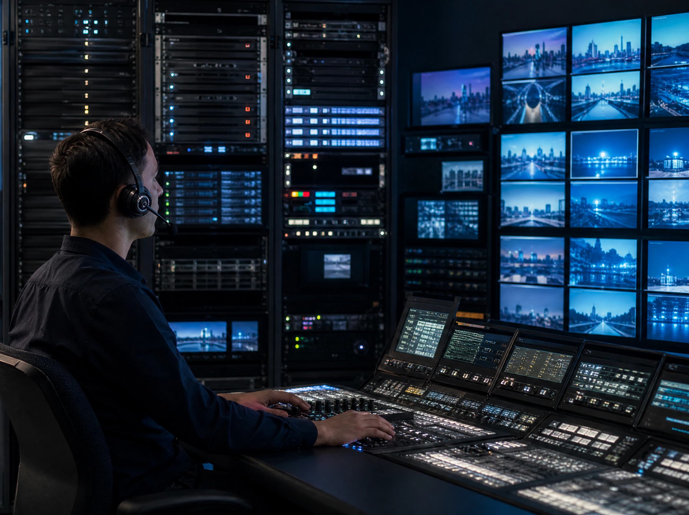 Broadcast control room with equipment racks and multiview screens