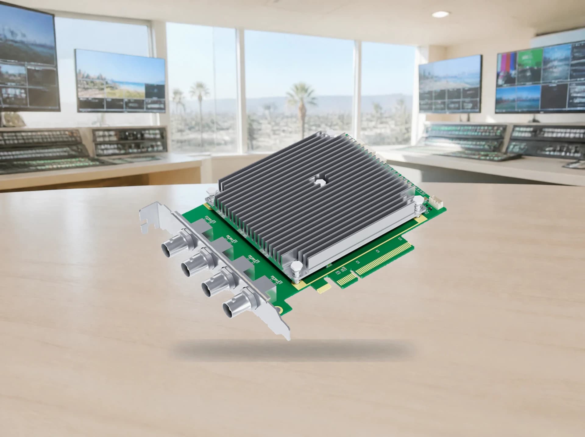 Four-input video capture card on a control-room desk