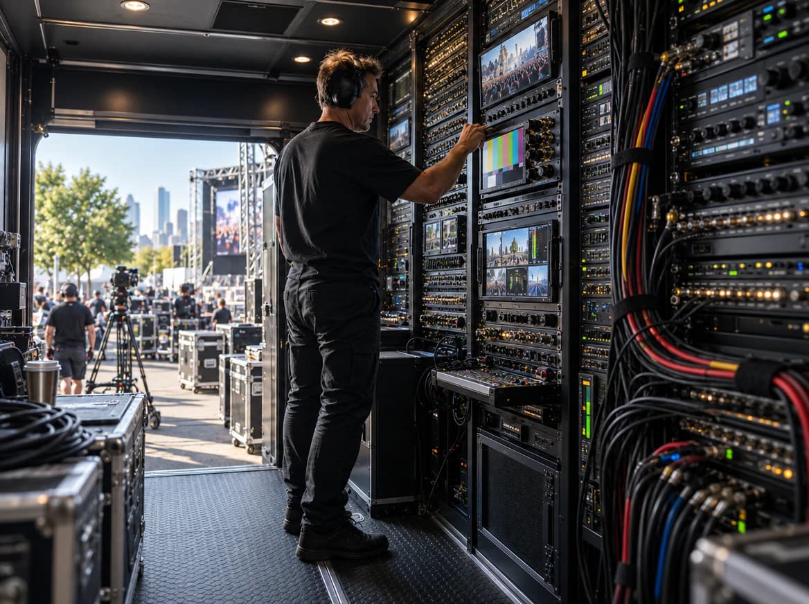 Video equipment racks inside a production truck