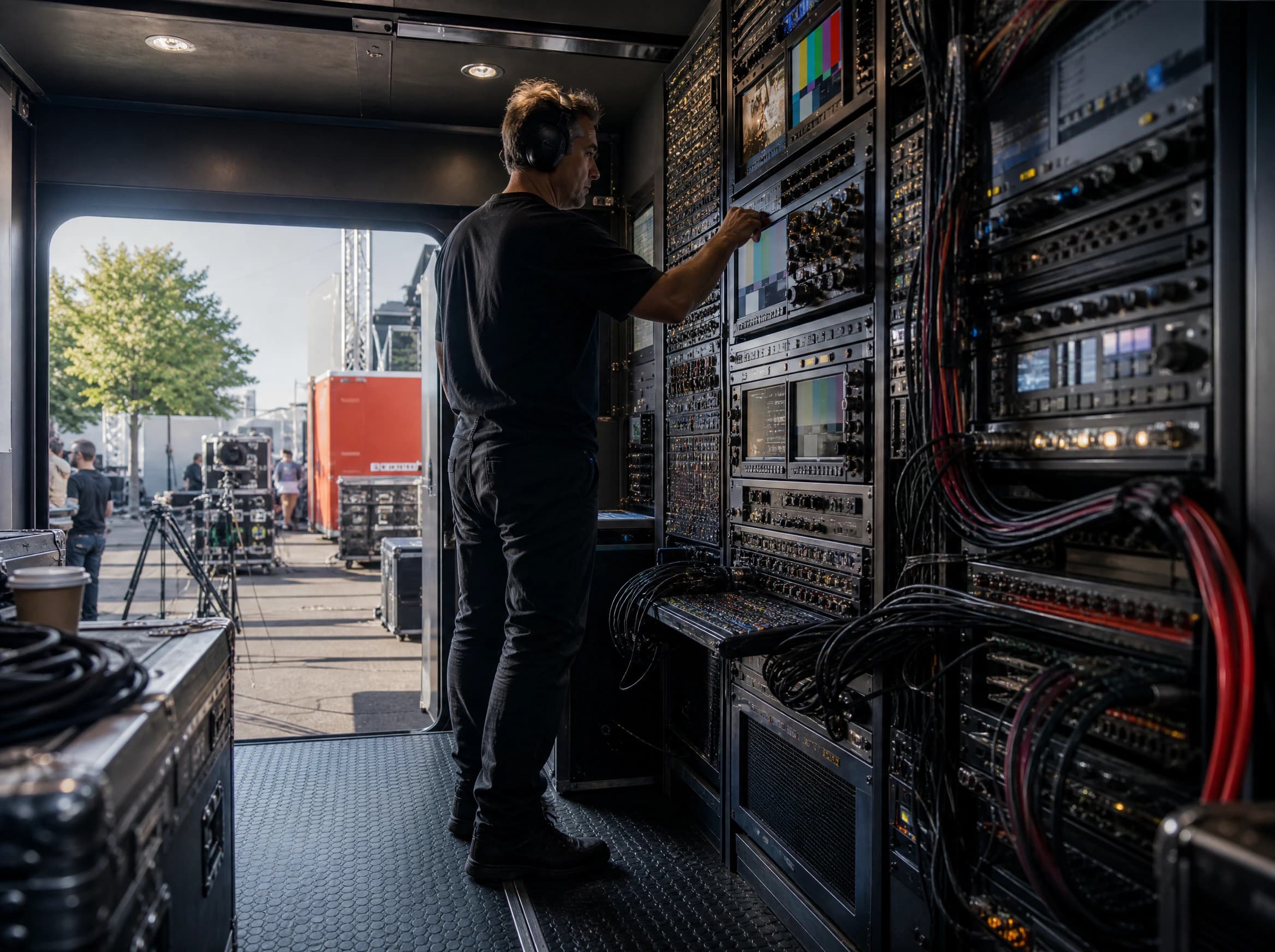 Video equipment racks inside a production truck