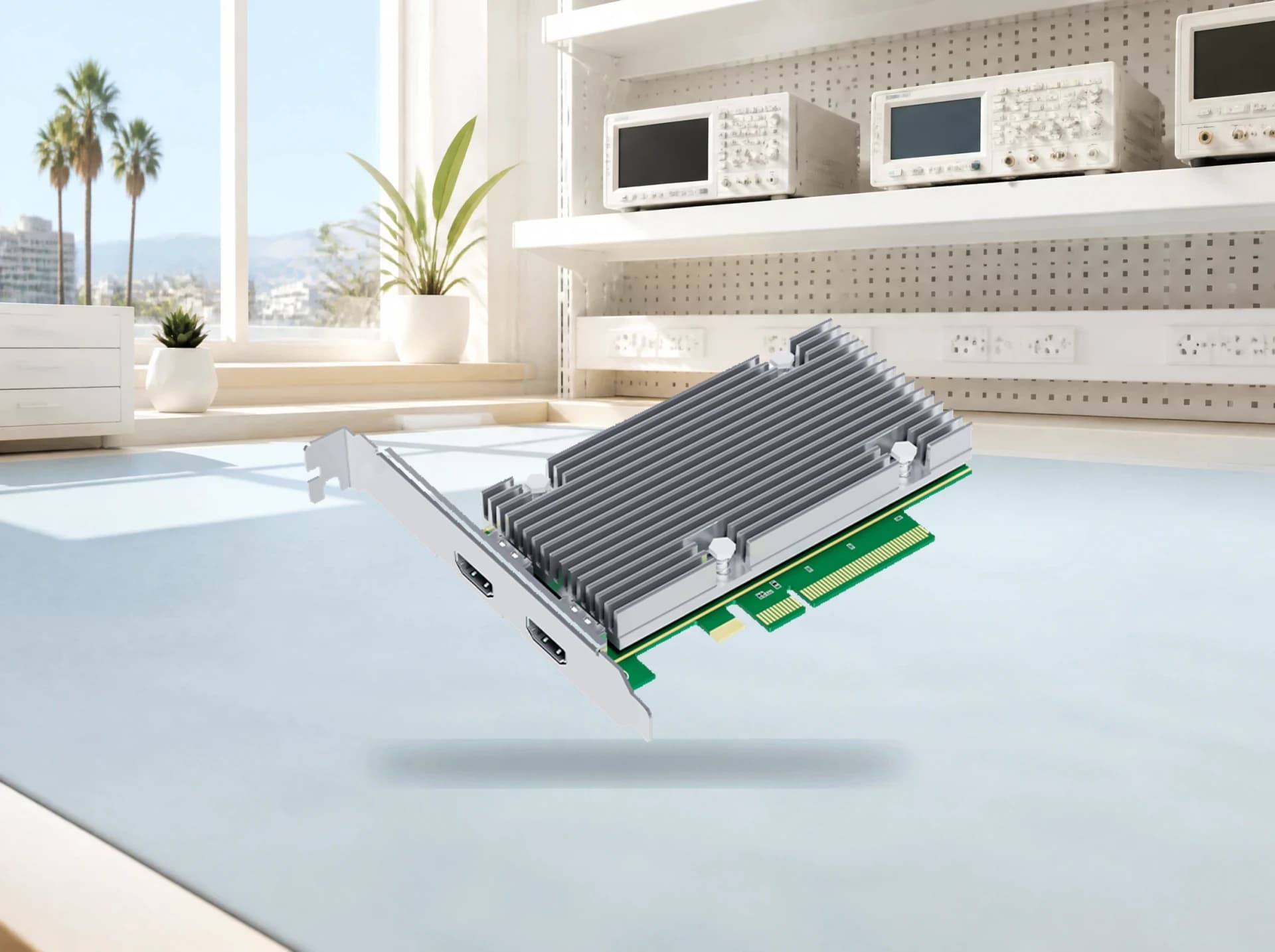 Video capture card displayed on an electronics workbench