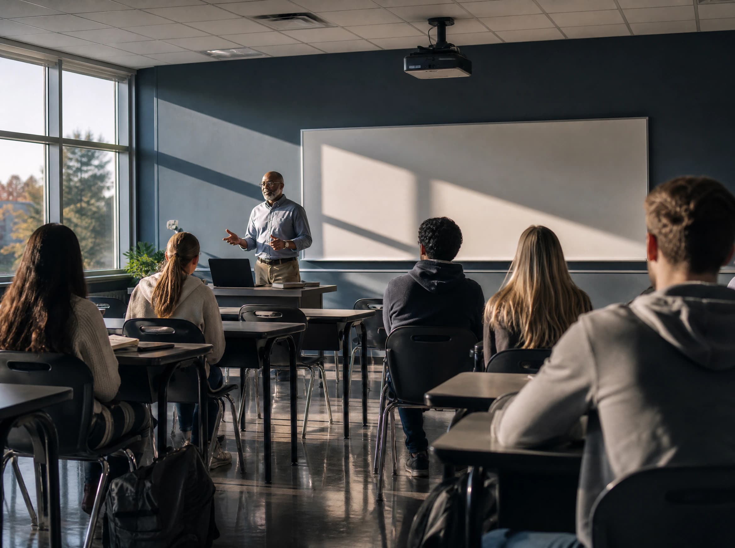 Empty classroom with rows of desks and a projection screen