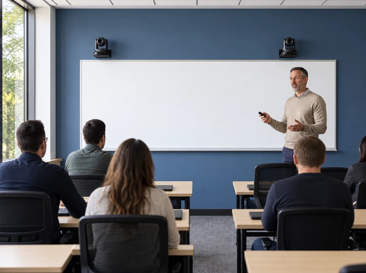 Lecture room equipped with wall-mounted cameras
