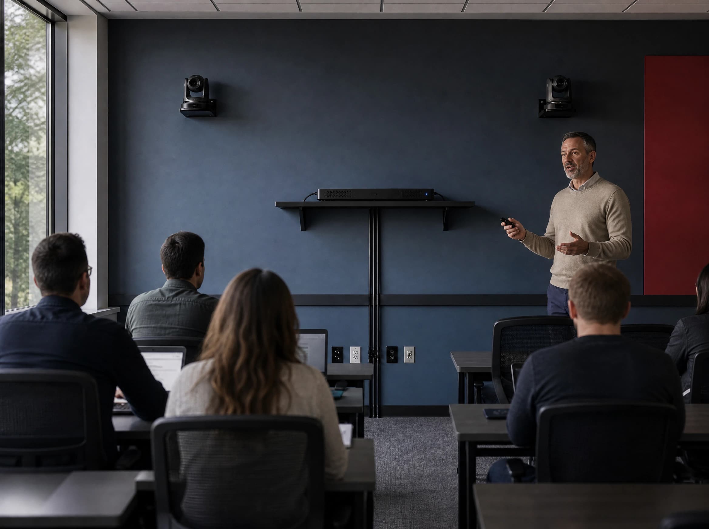 Lecture room equipped with wall-mounted cameras