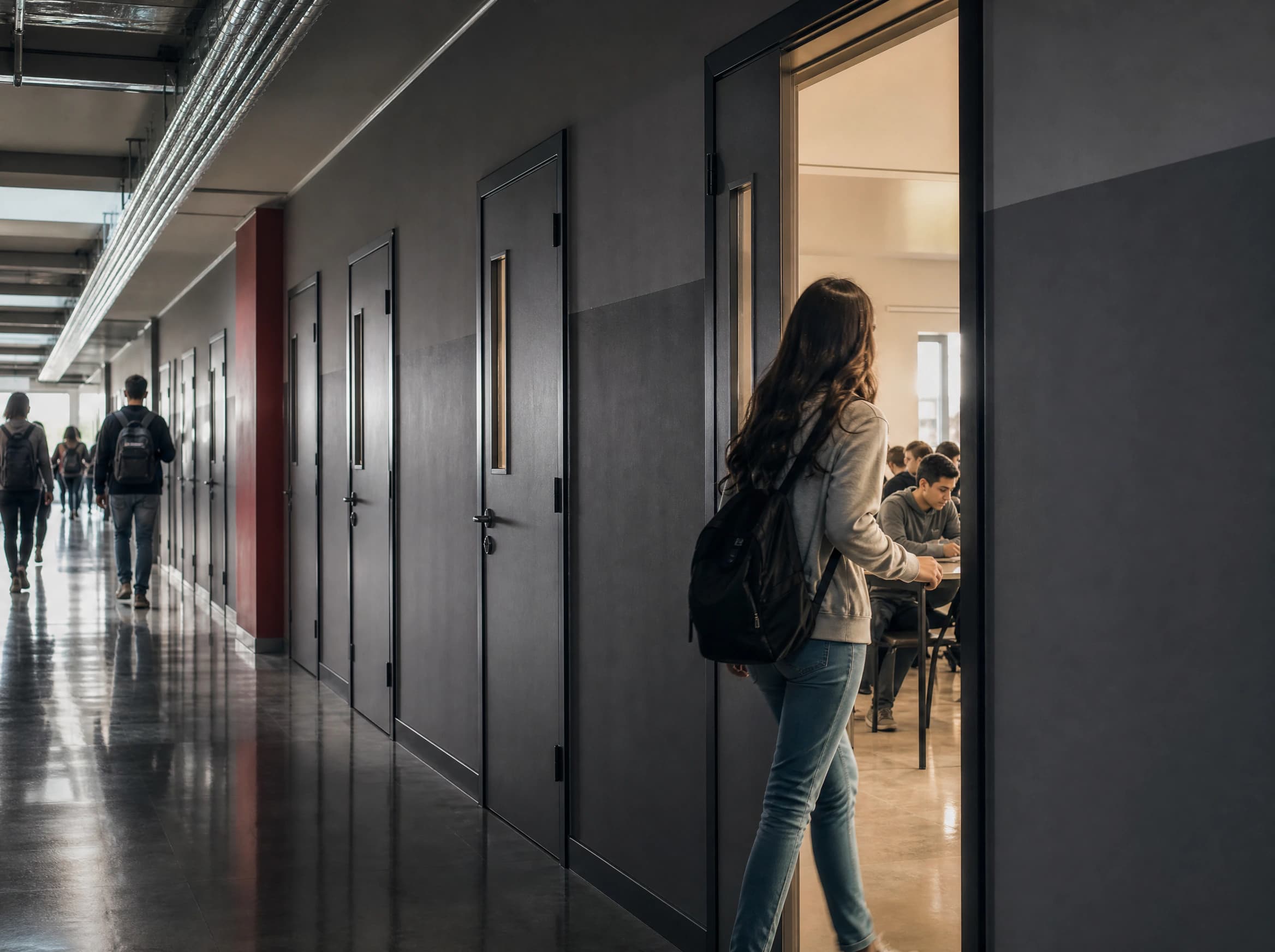 School hallway lined with classroom doors