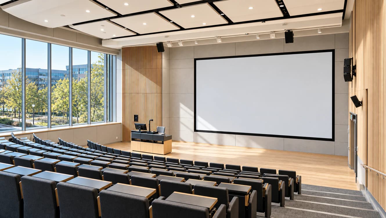 Empty classroom with a projection screen