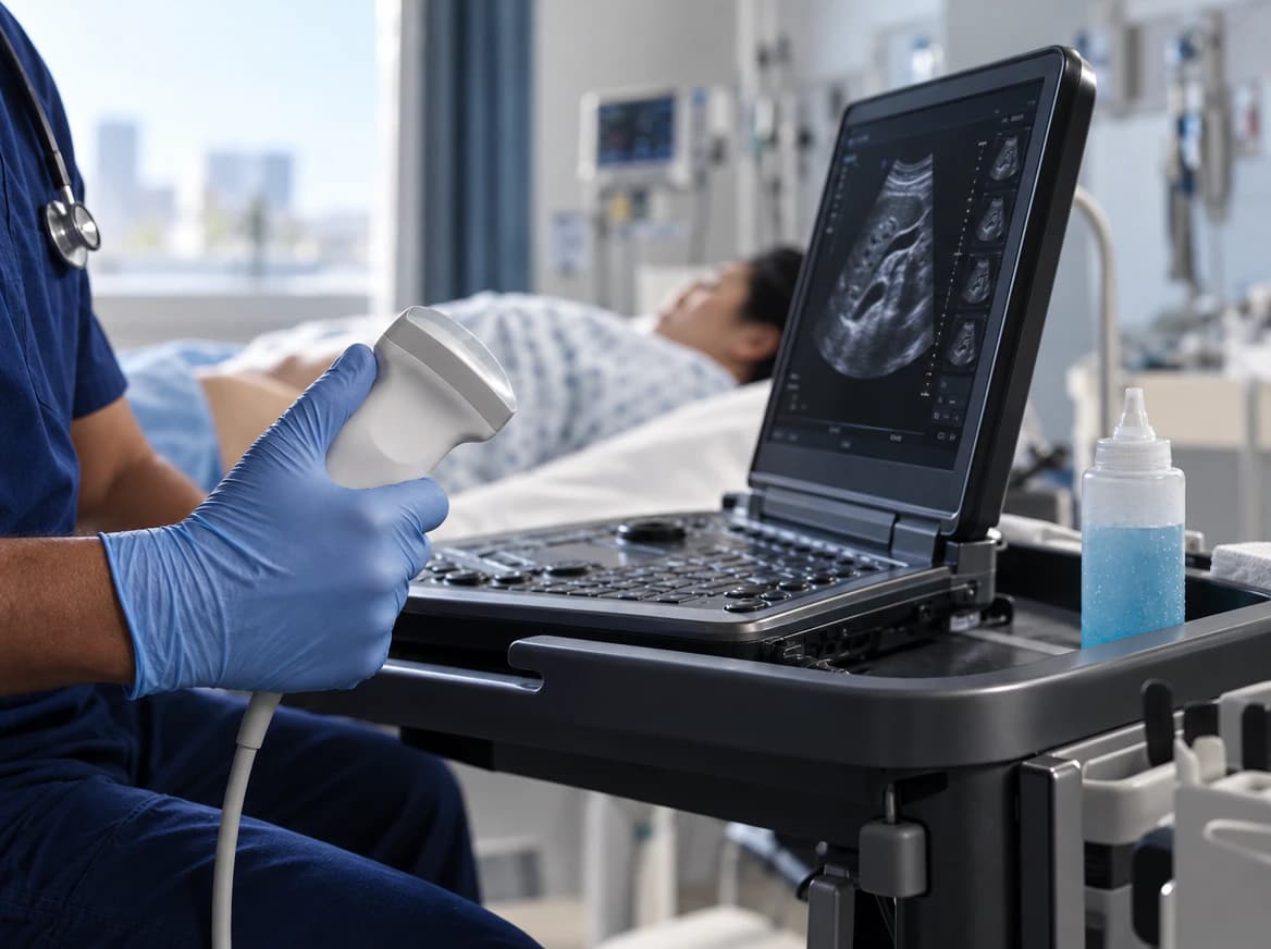 Clinician holding an ultrasound probe beside a portable scanner