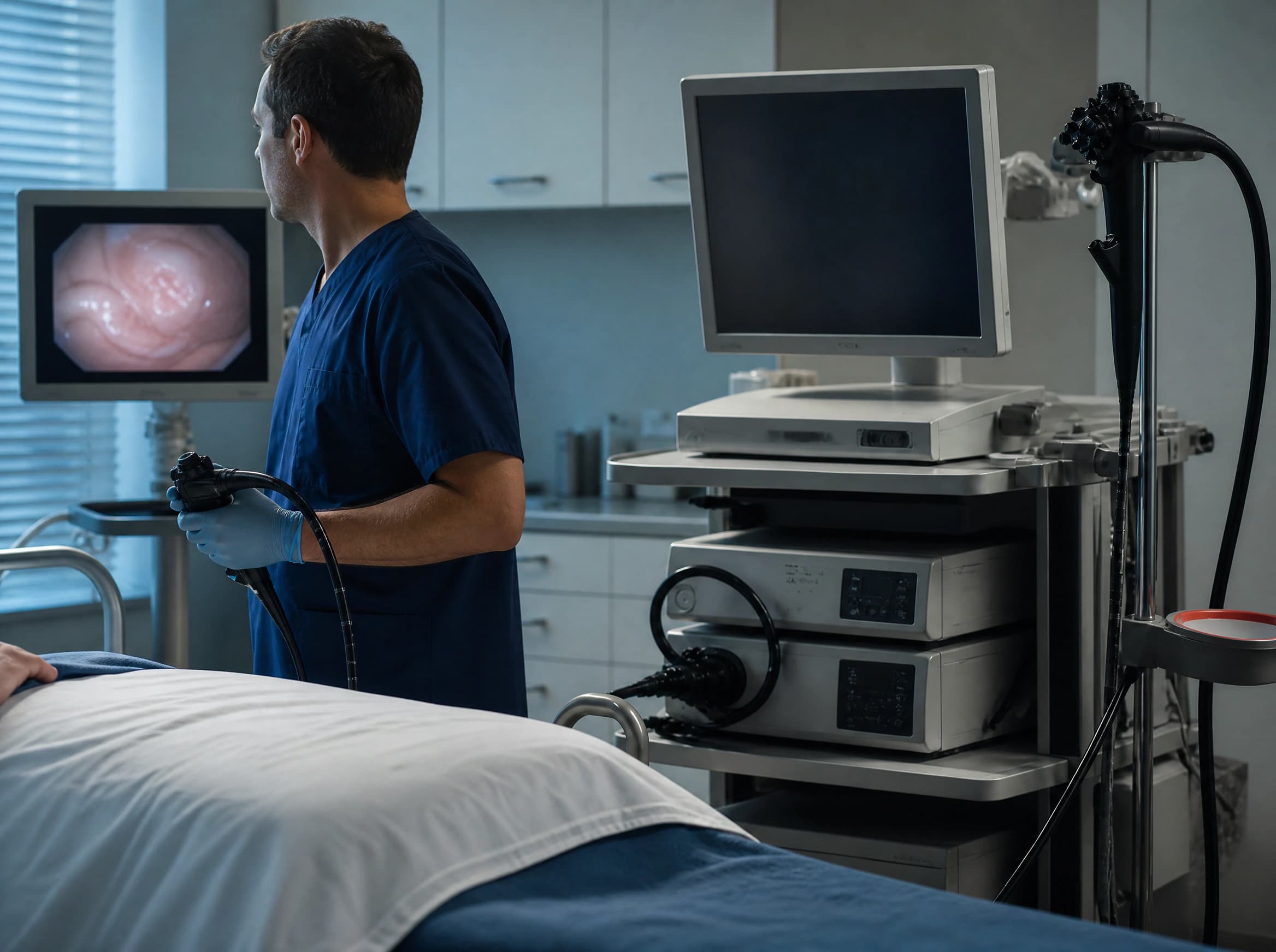 Endoscopy equipment and monitors beside a patient bed