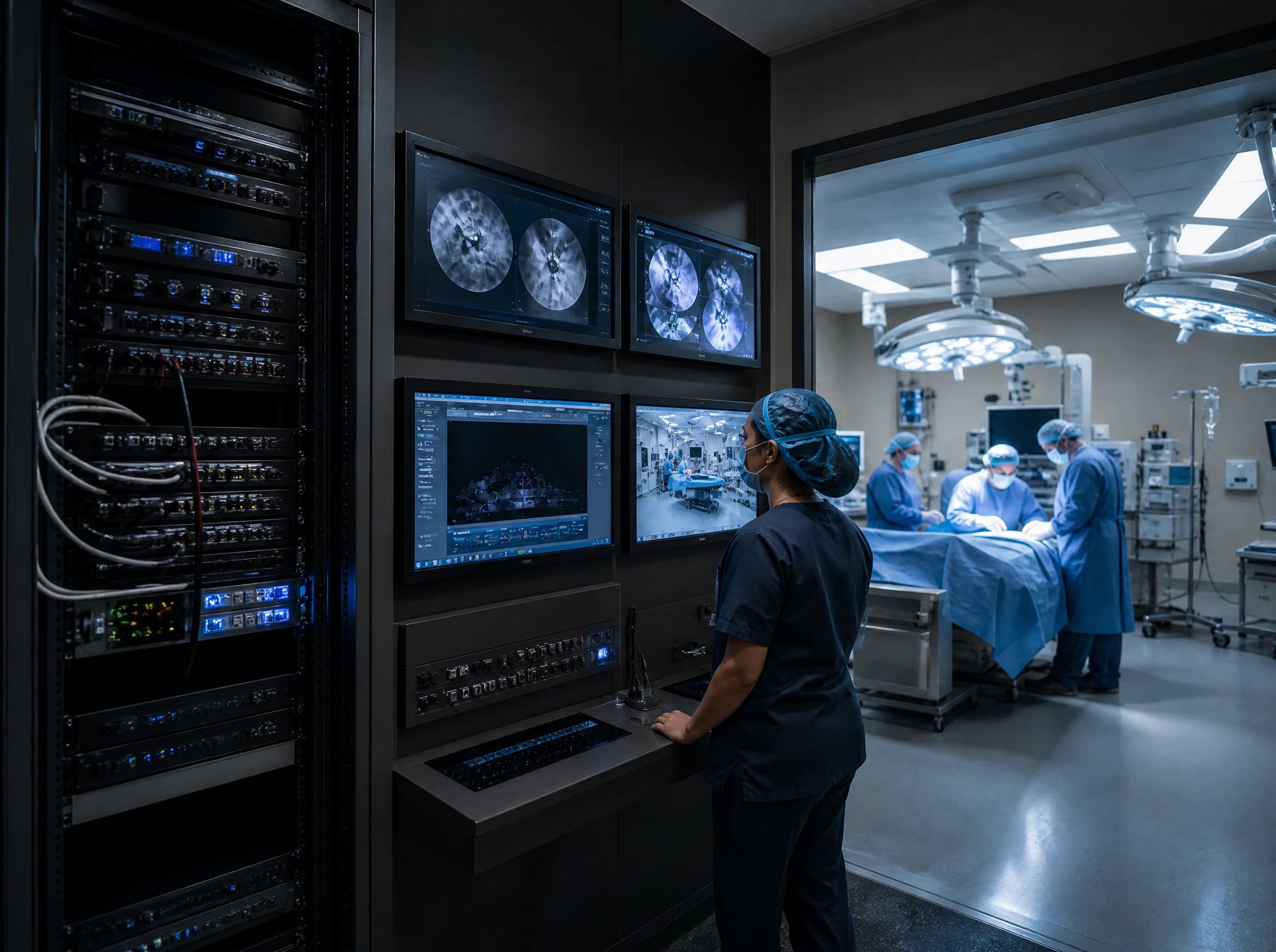 Medical video control racks overlooking an operating room
