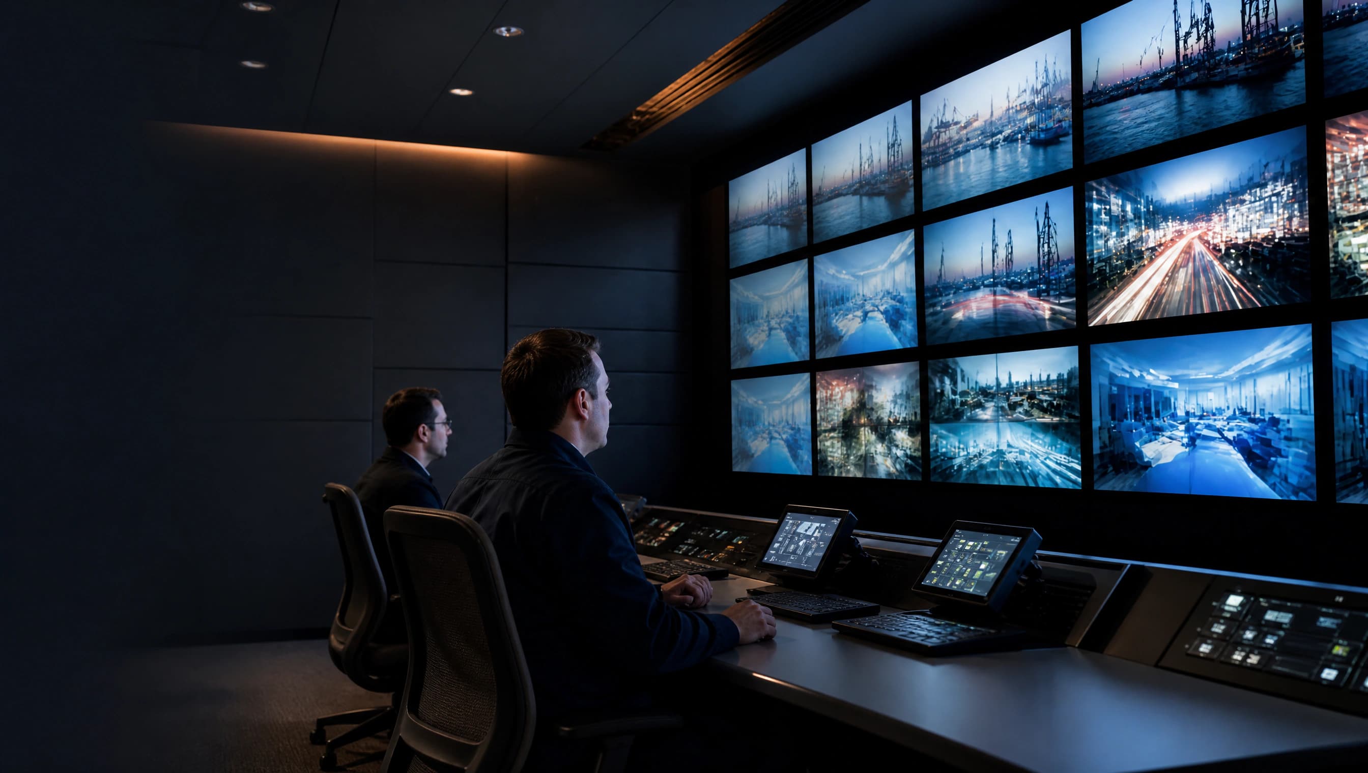 Video monitoring control room with multiple display screens