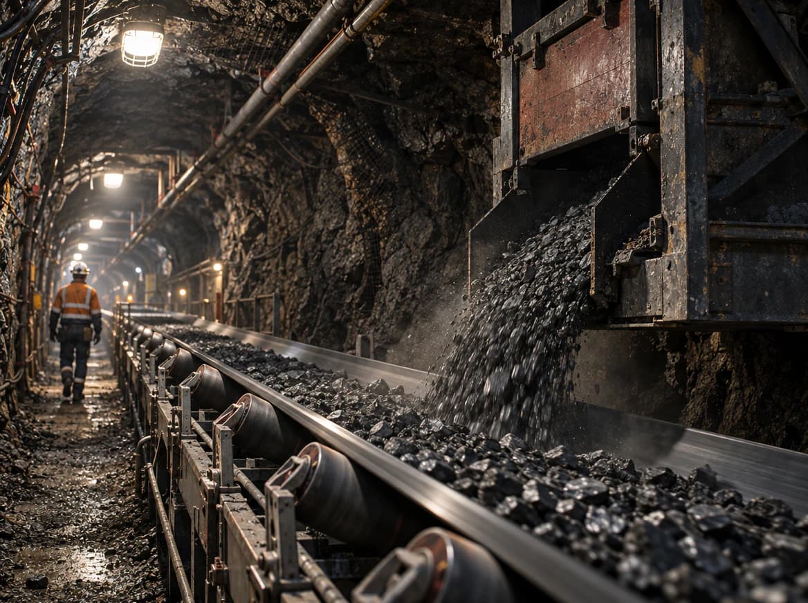 Material moving along a conveyor in an underground mine