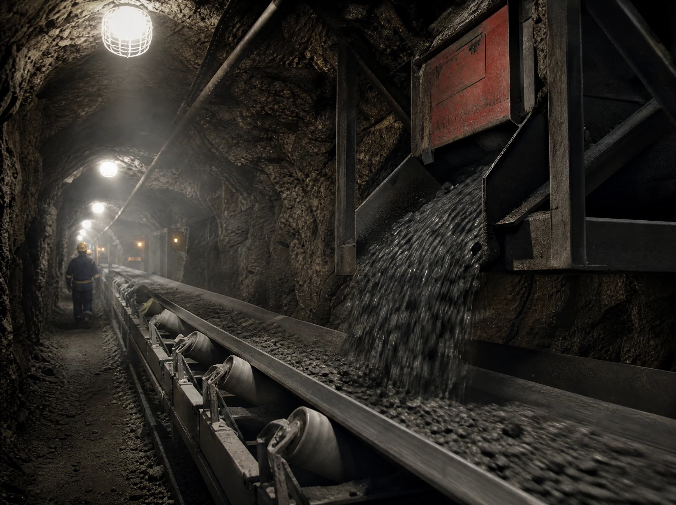 Material moving along a conveyor in an underground mine