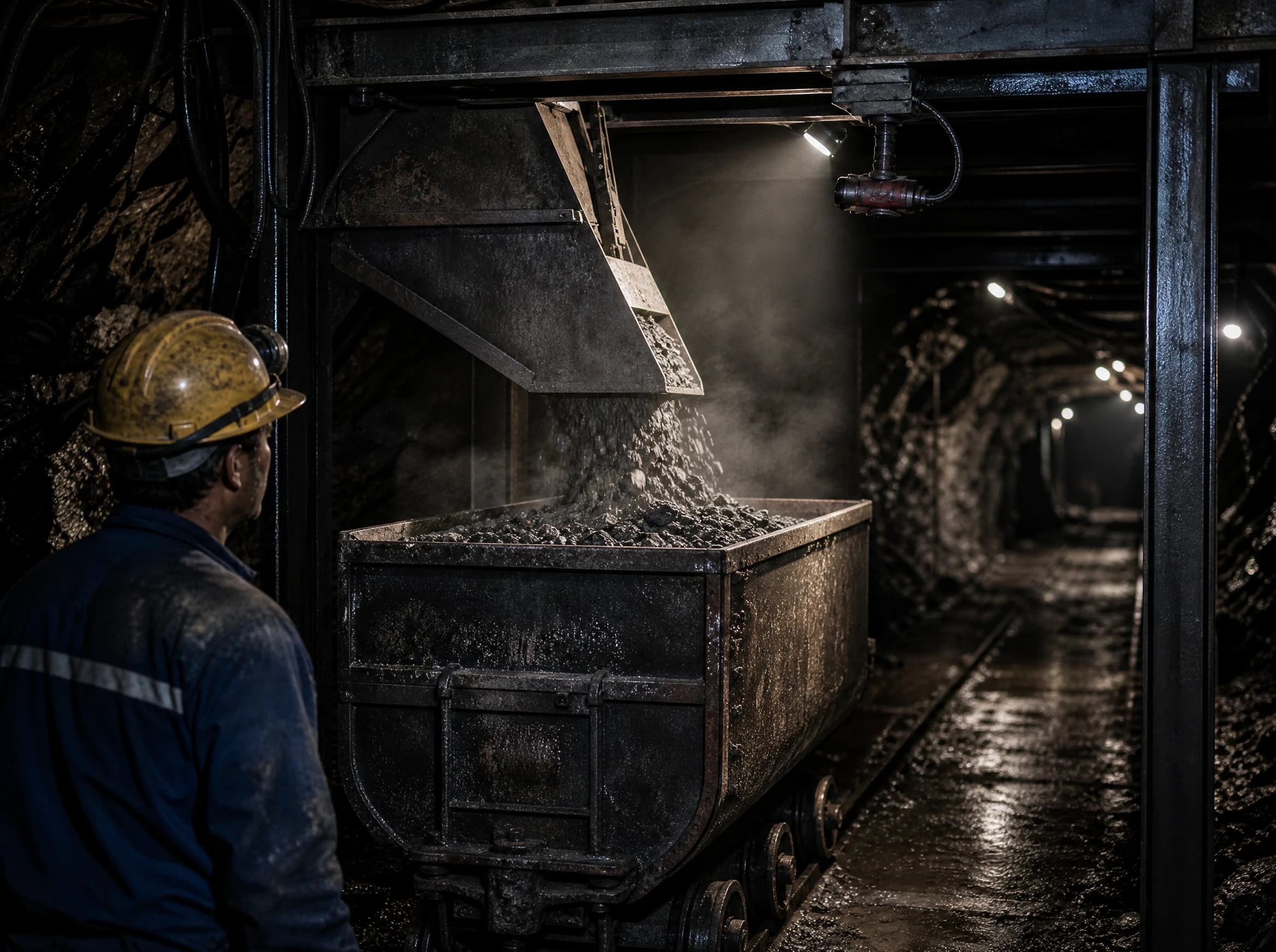 Mineral material pouring into a mine cart