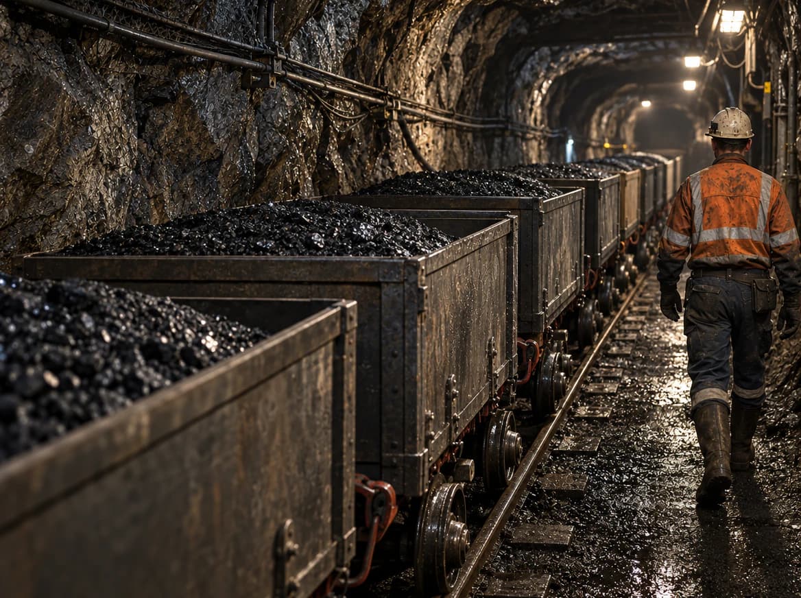 Row of loaded mine carts in an underground tunnel