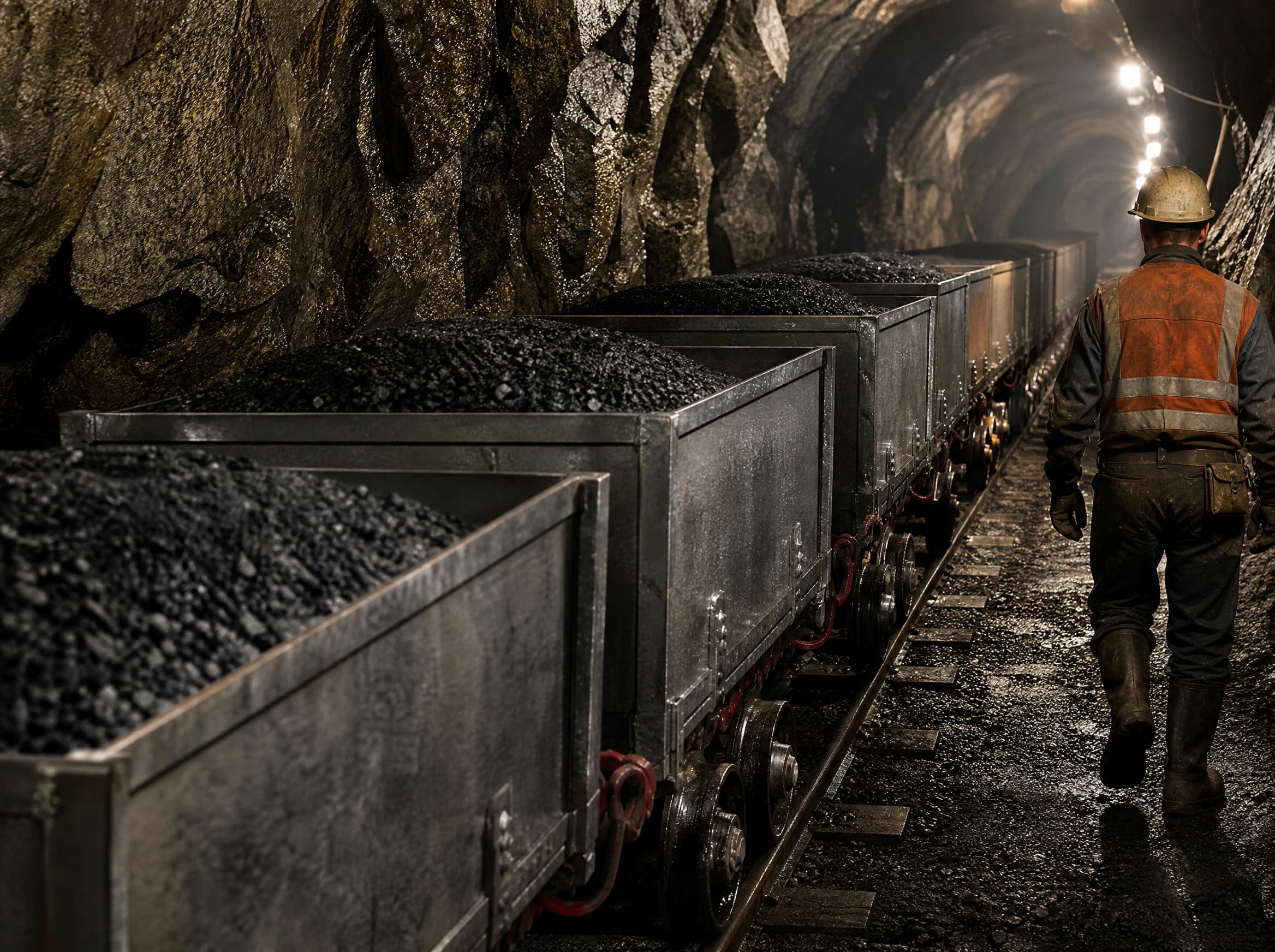 Row of loaded mine carts in an underground tunnel