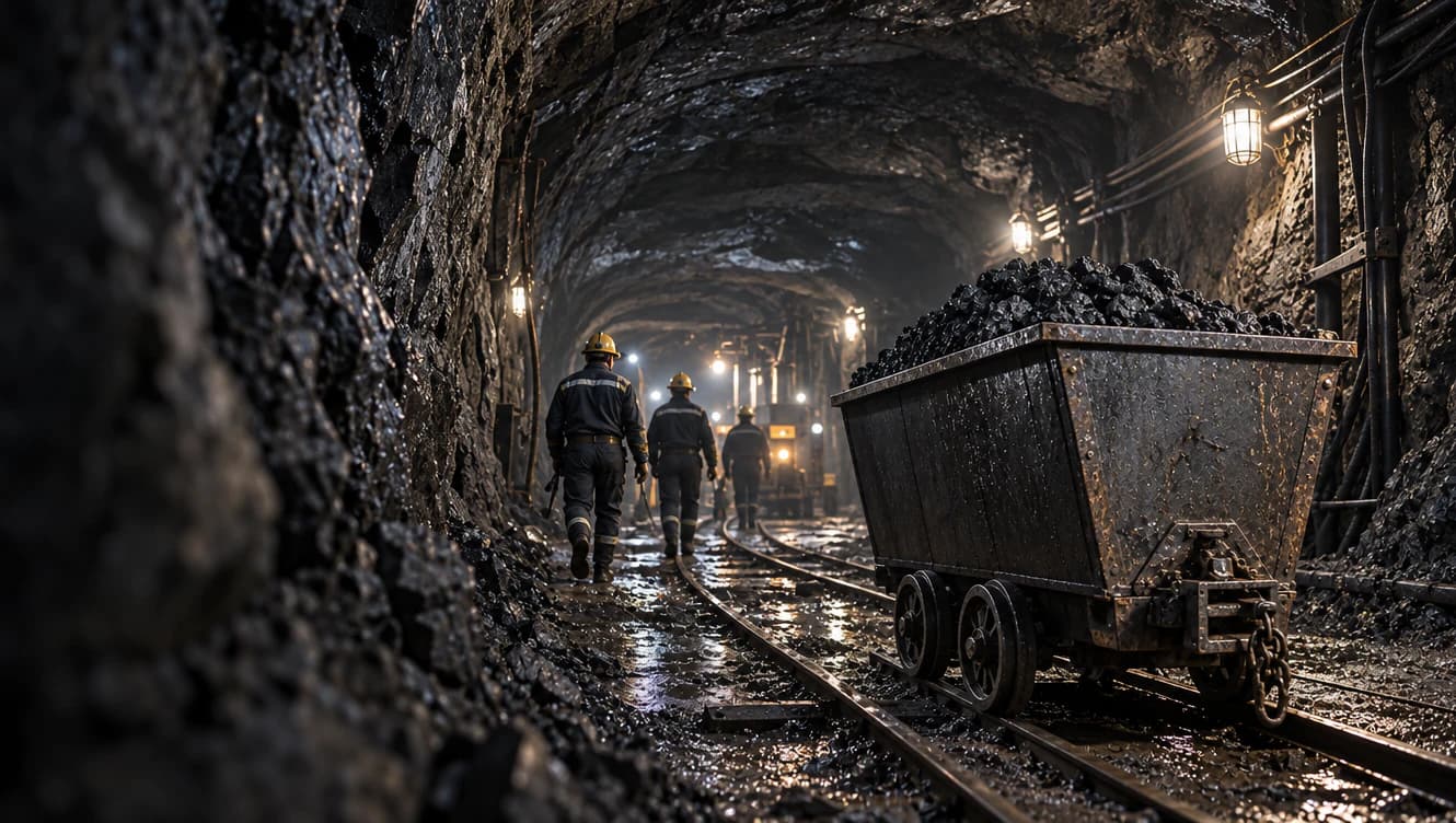 Mine cart filled with material in an underground tunnel