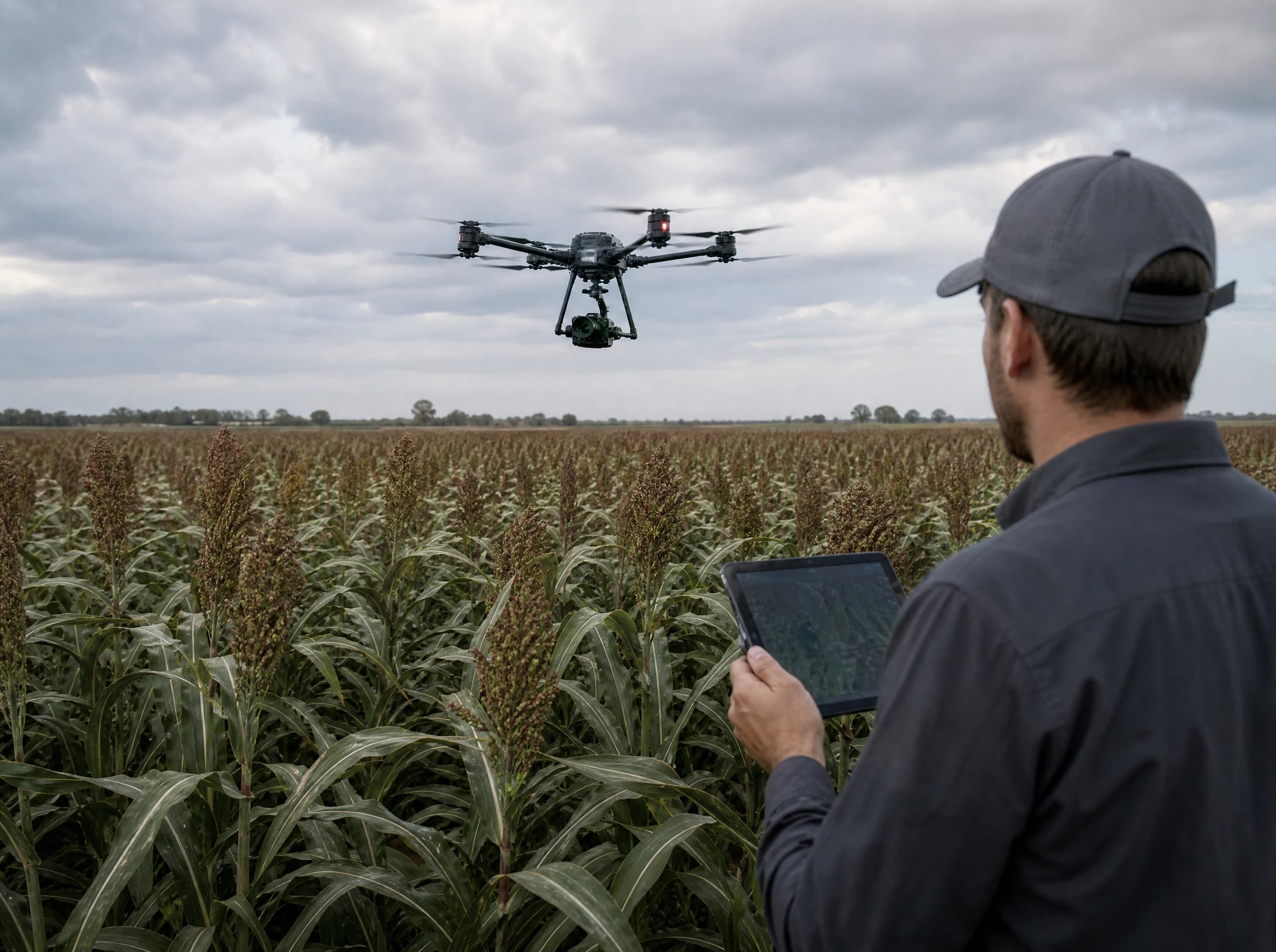 Camera-equipped drone flying above a crop field
