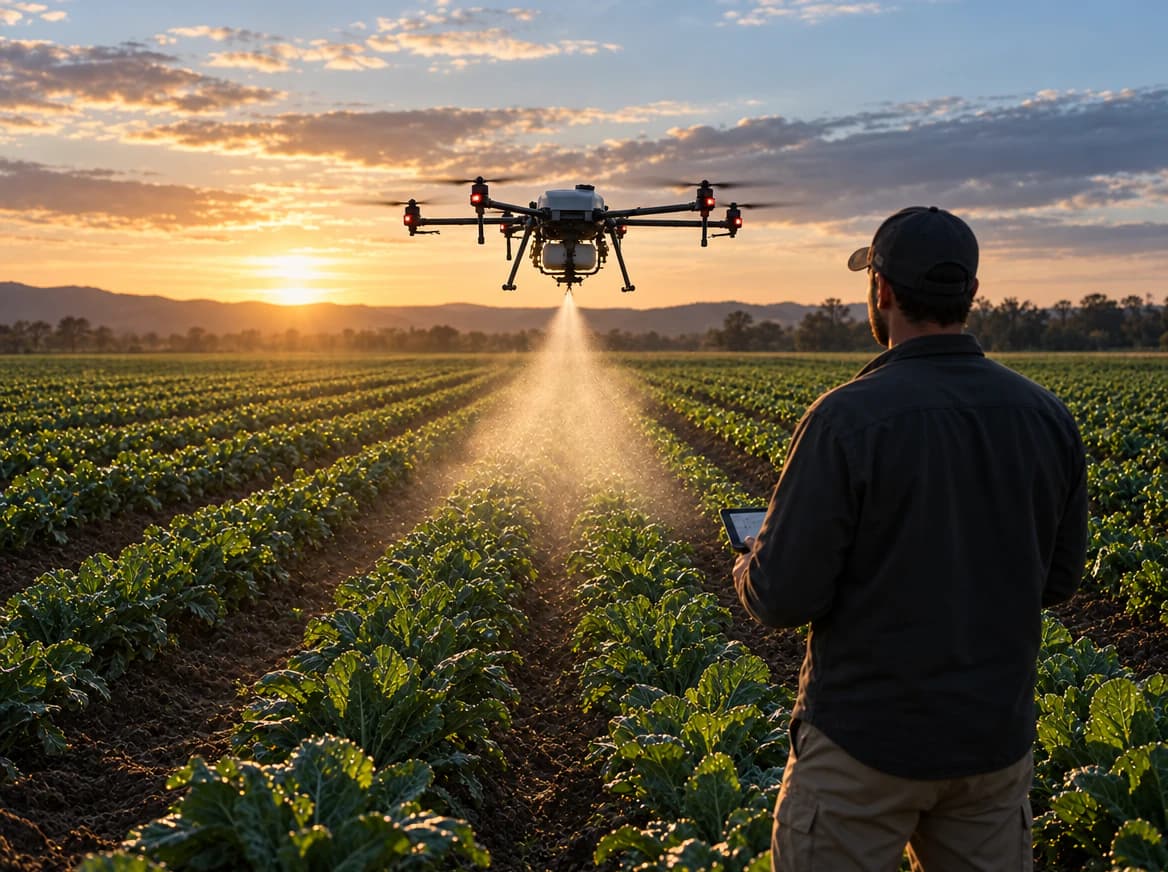 Agricultural drone spraying crop rows at dusk