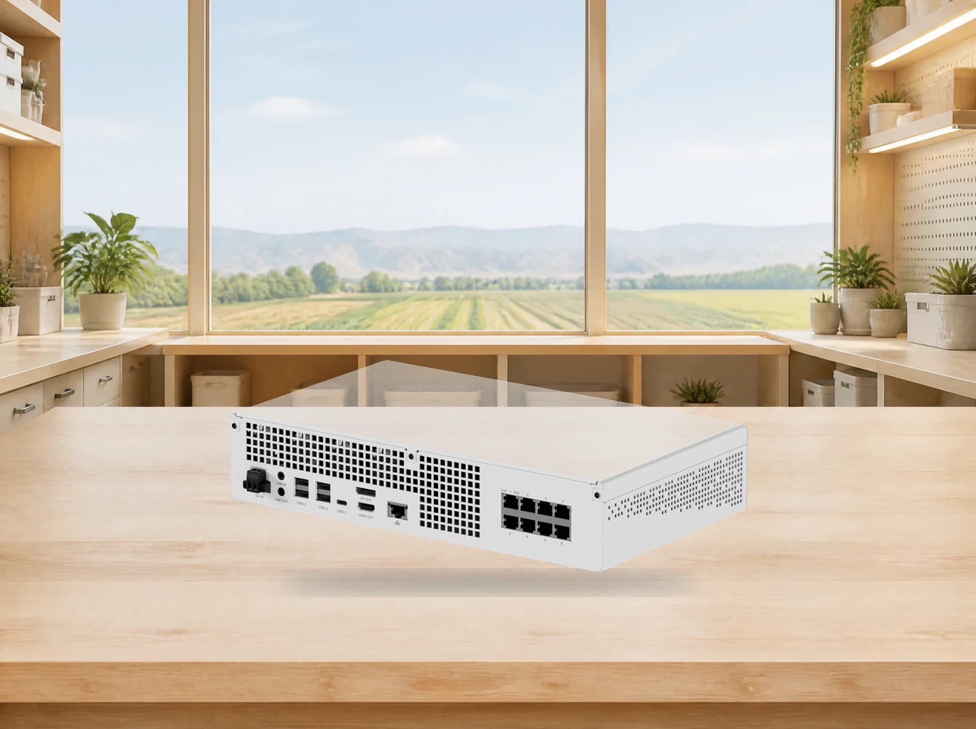 White edge-computing system on a workbench overlooking fields