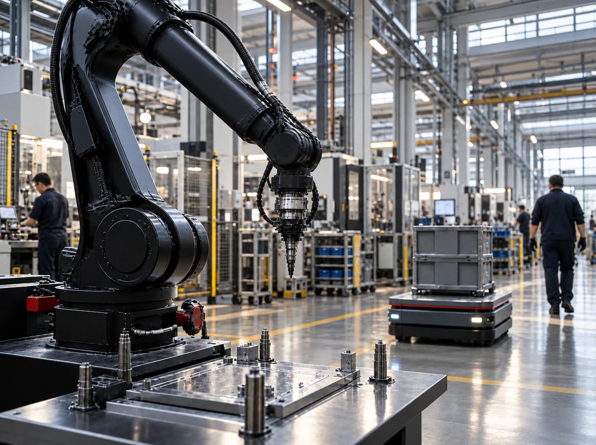 Industrial robotic arm and an autonomous mobile robot on a factory floor