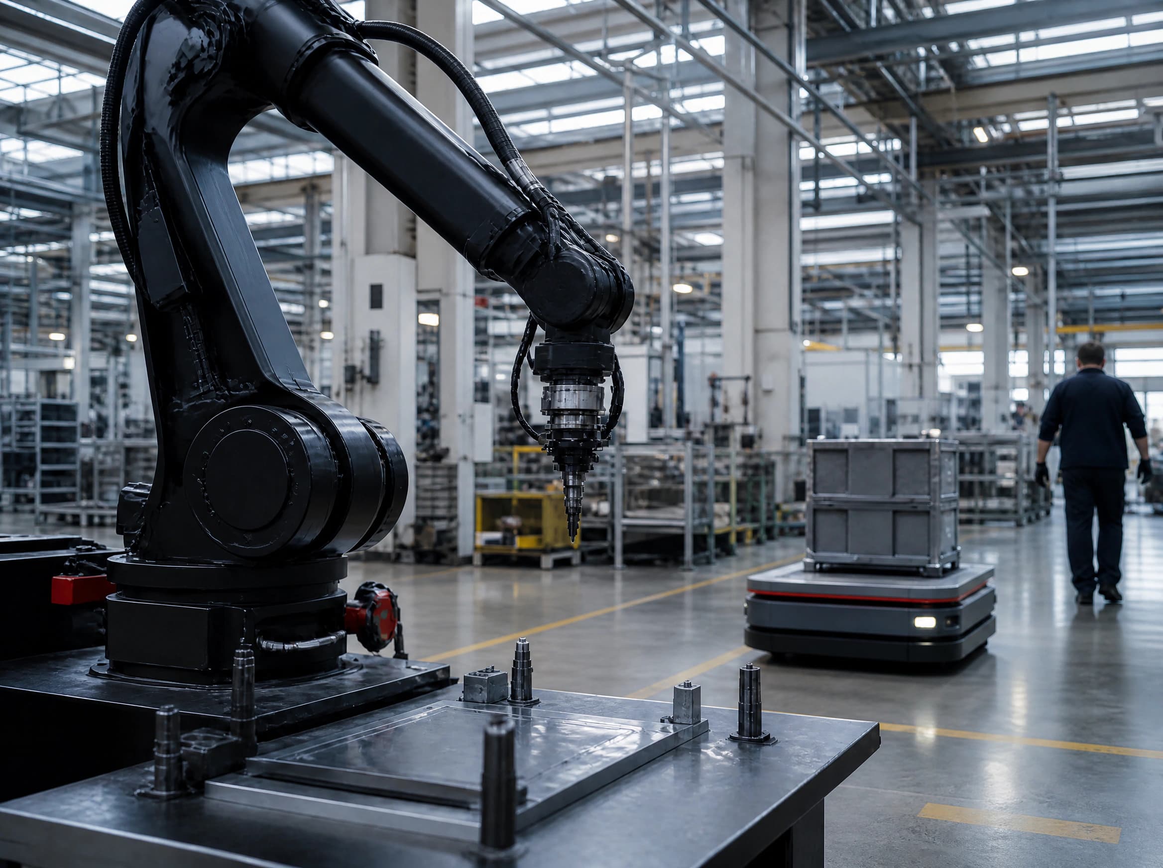 Industrial robotic arm and an autonomous mobile robot on a factory floor