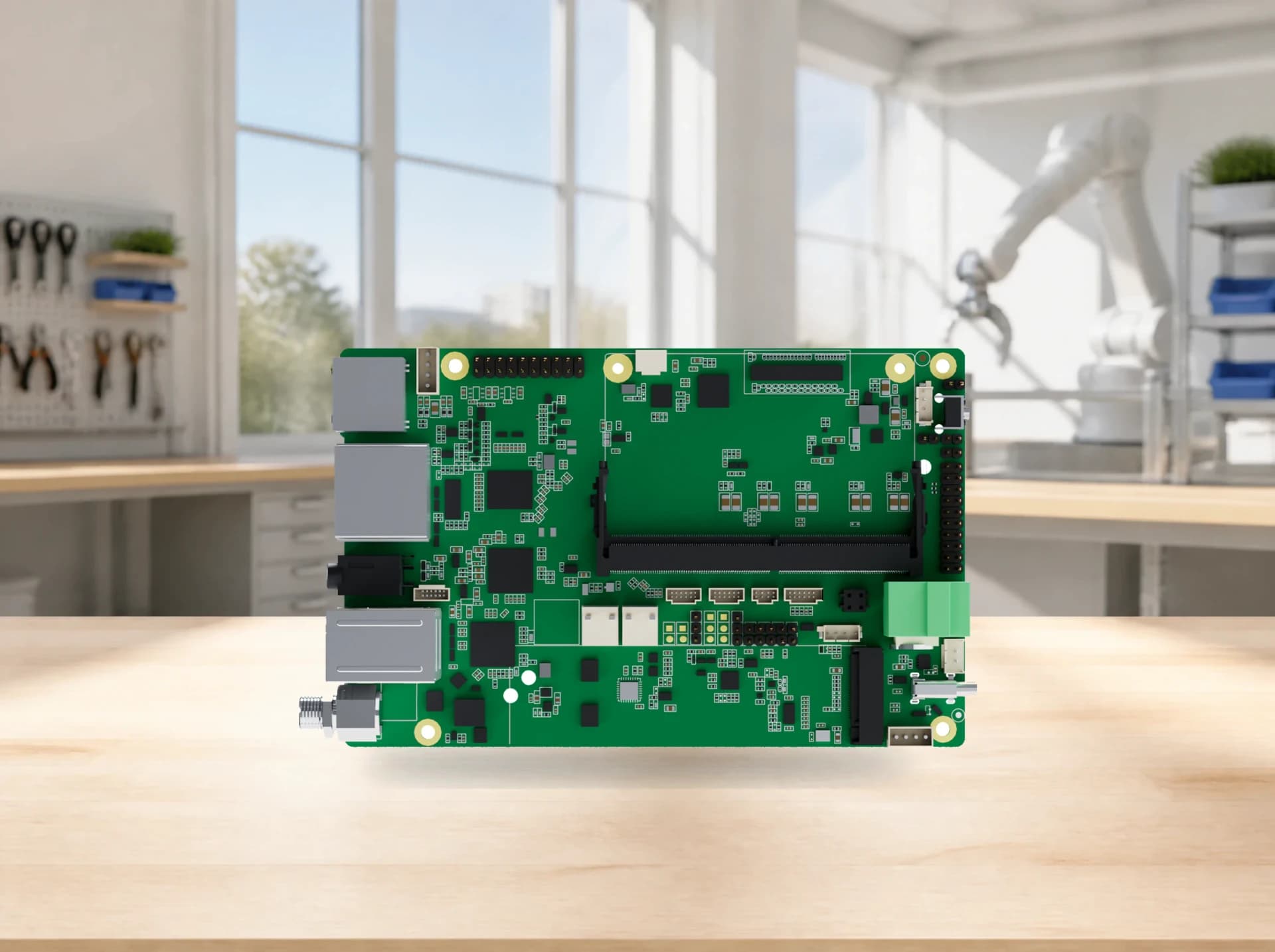 Green edge-computing circuit board on a workbench