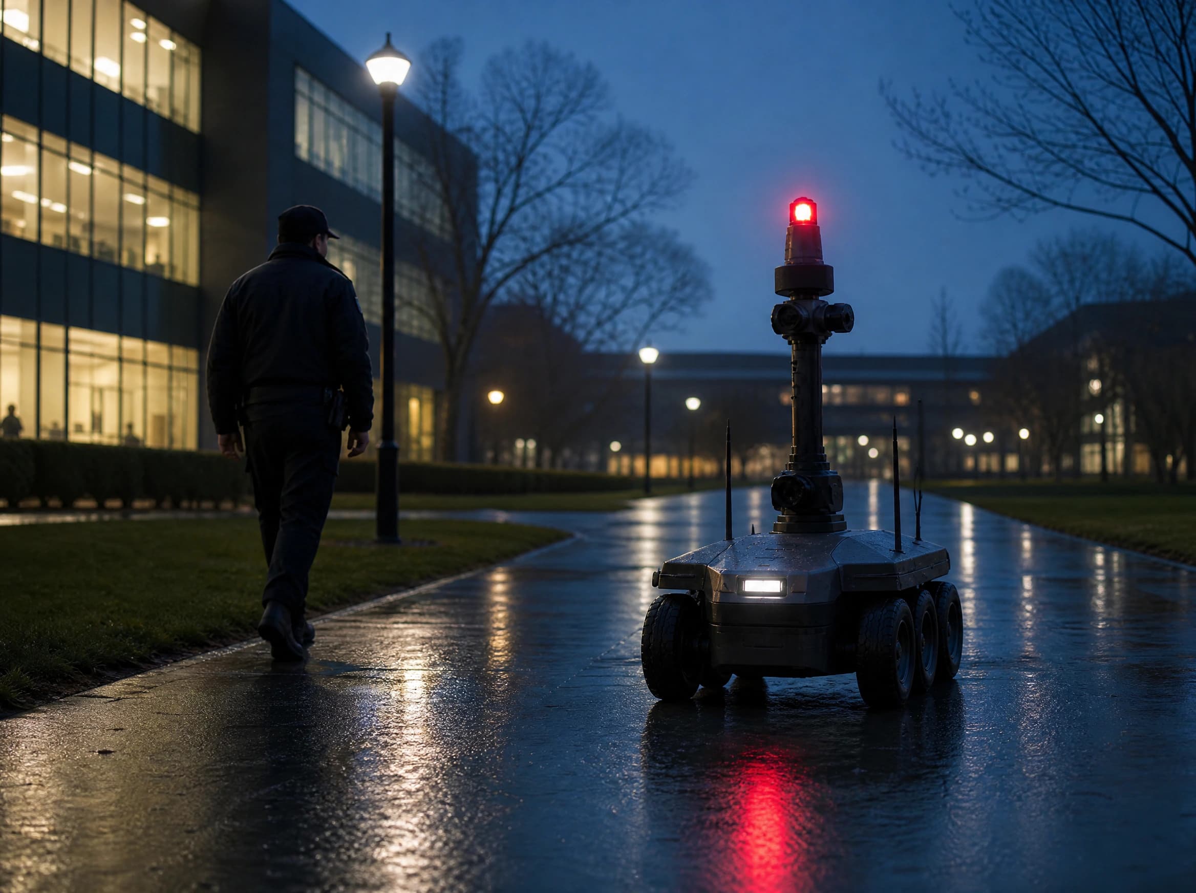Four-wheeled patrol robot traveling along a wet outdoor path