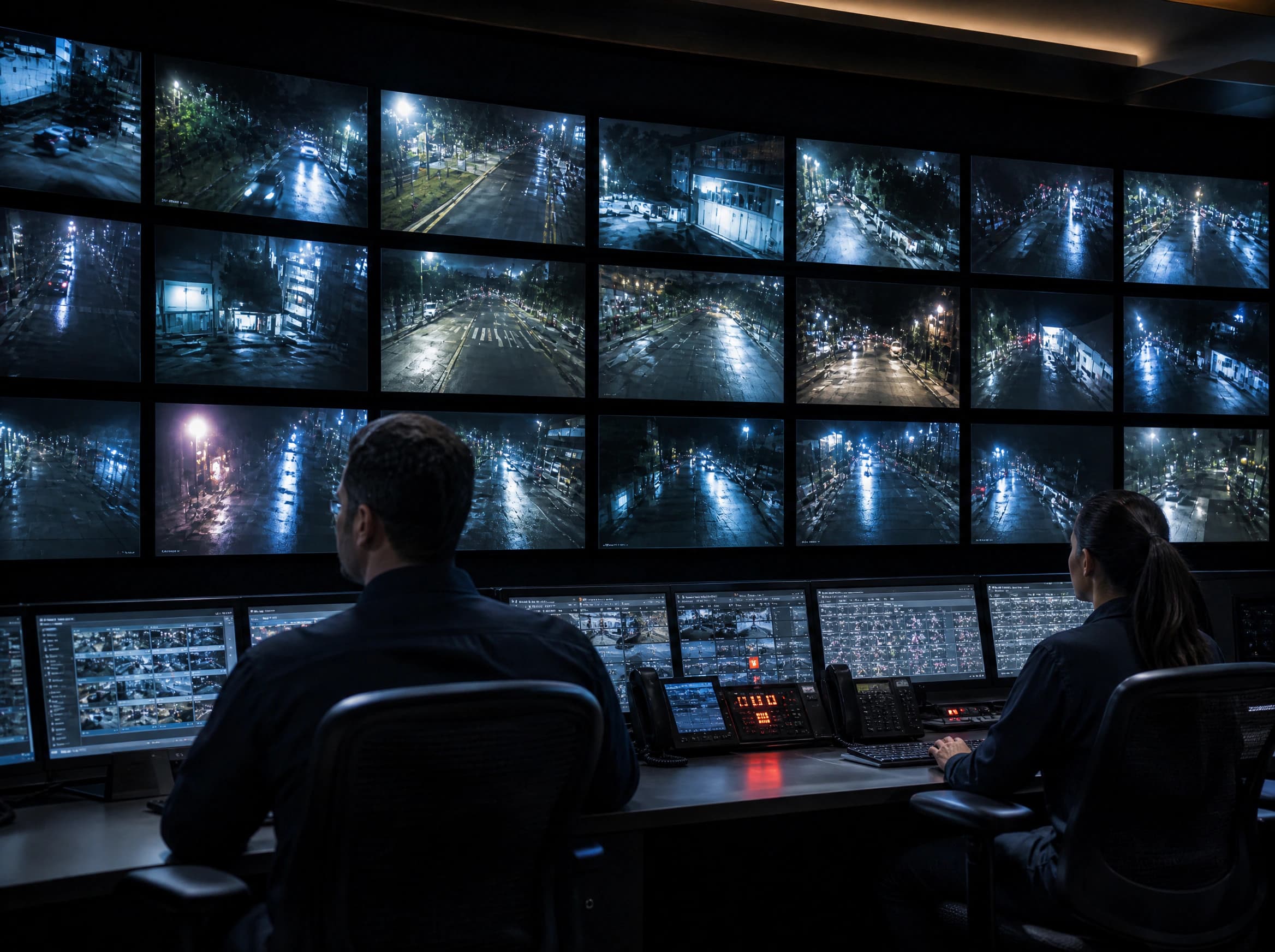 Surveillance control room with a wall of live camera feeds