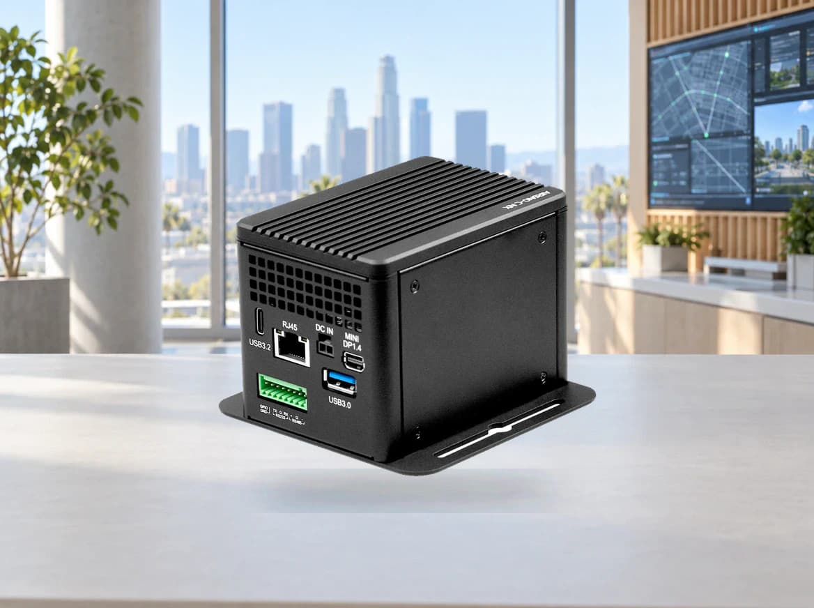 Black compact edge-computing system on a desk