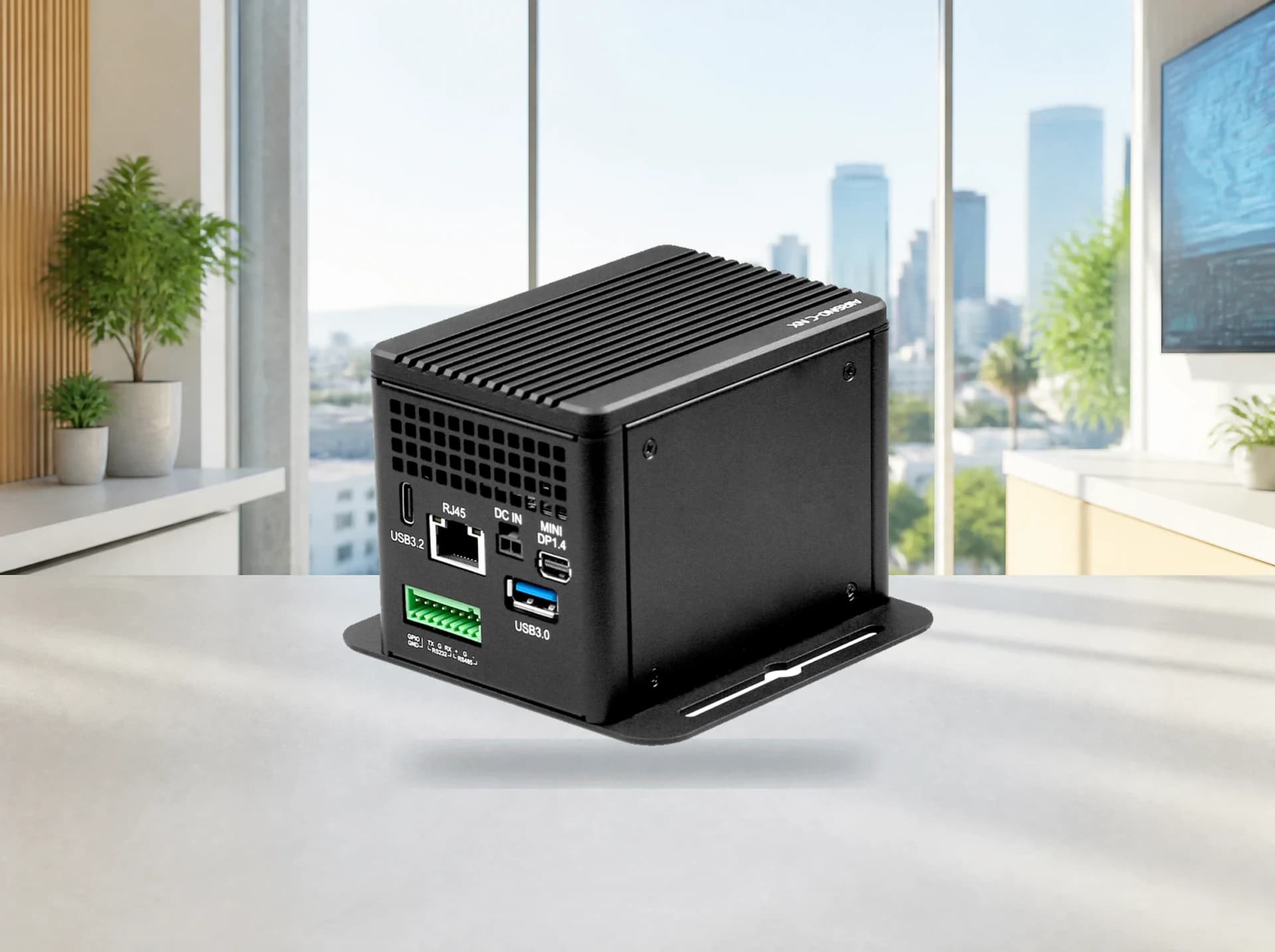 Black compact edge-computing system on a desk