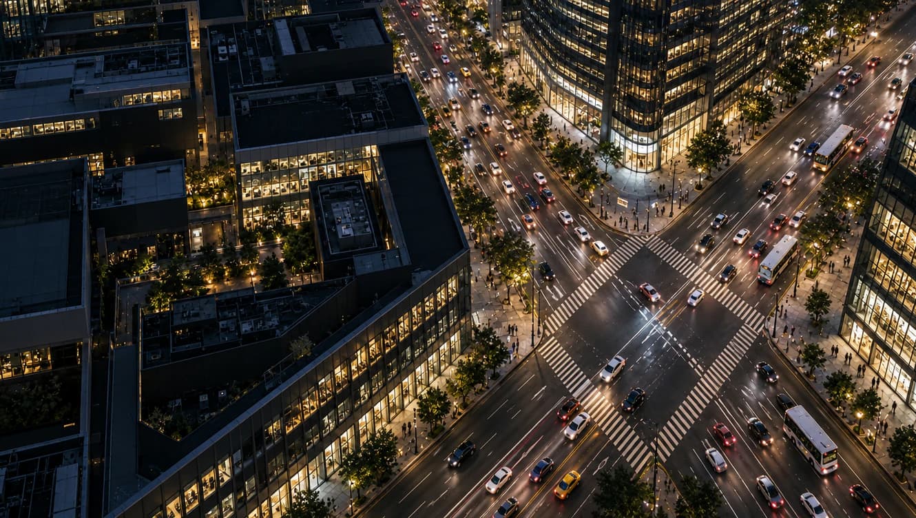 Aerial view of a multilane road interchange at night