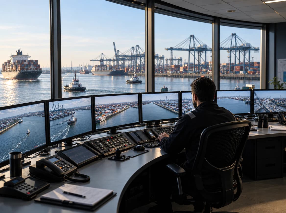 Harbor control room with multiple vessel-monitoring screens