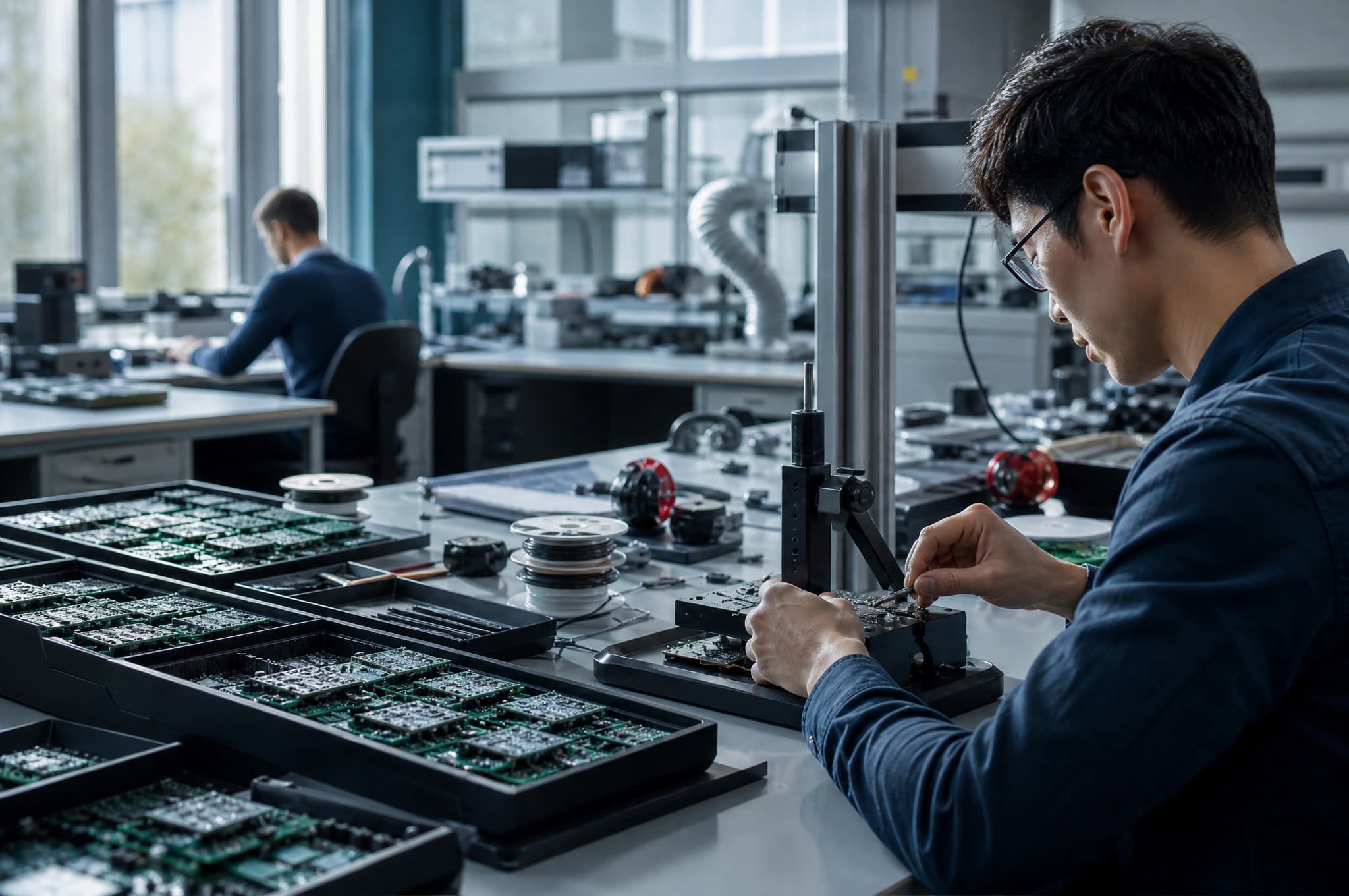 Video circuit boards and soldering equipment in an engineering lab