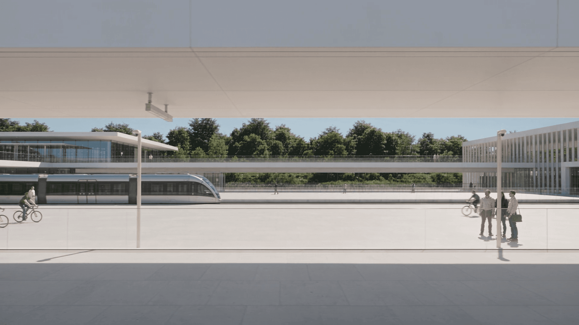 Modern transit plaza with a tram, cyclists, and pedestrians